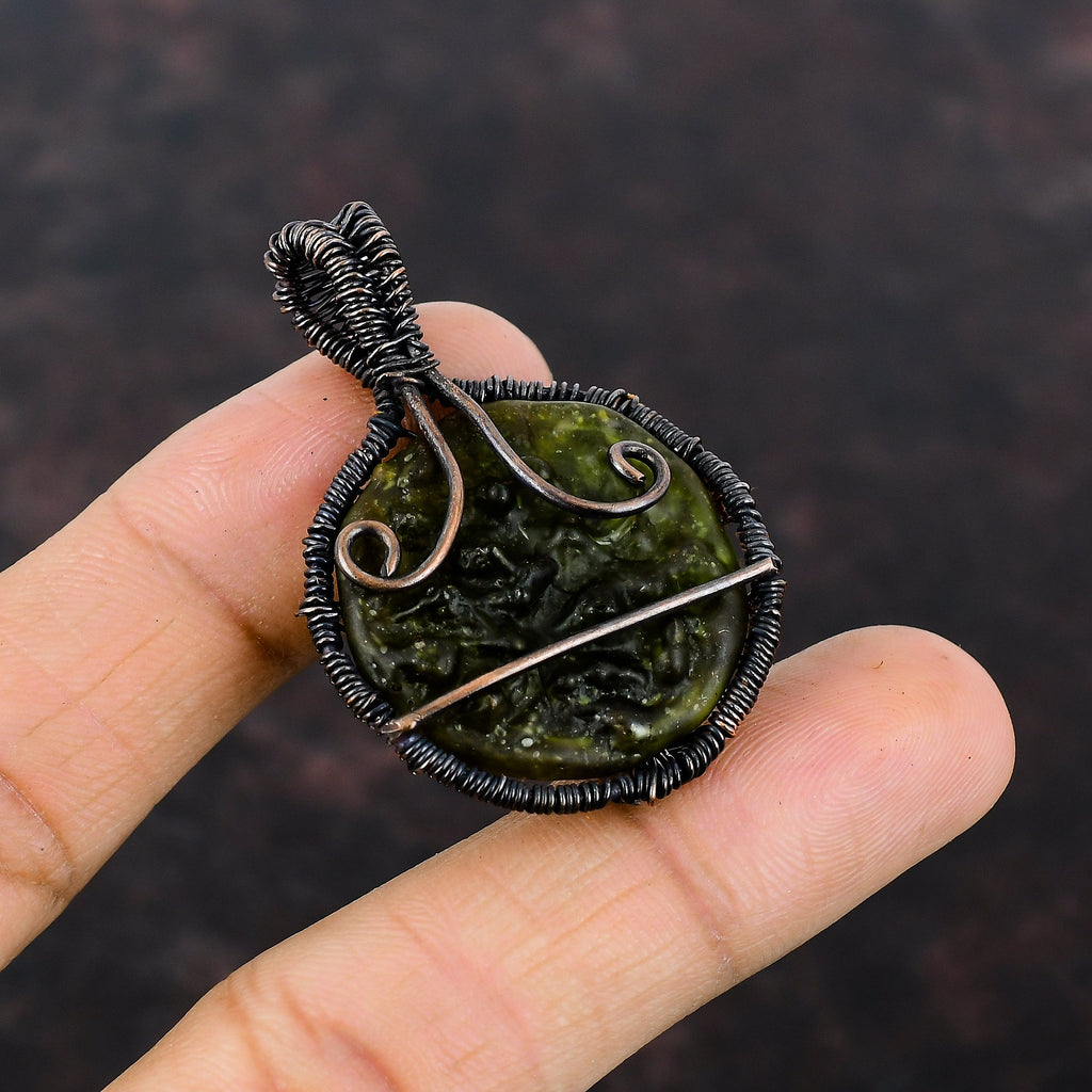 Copper Wire Wrapped Moldavite Pendant R4736