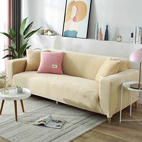 Beige 2 Seater Stretch Velvet Sofa Slipcover with Non Slip Elastic Straps A4961