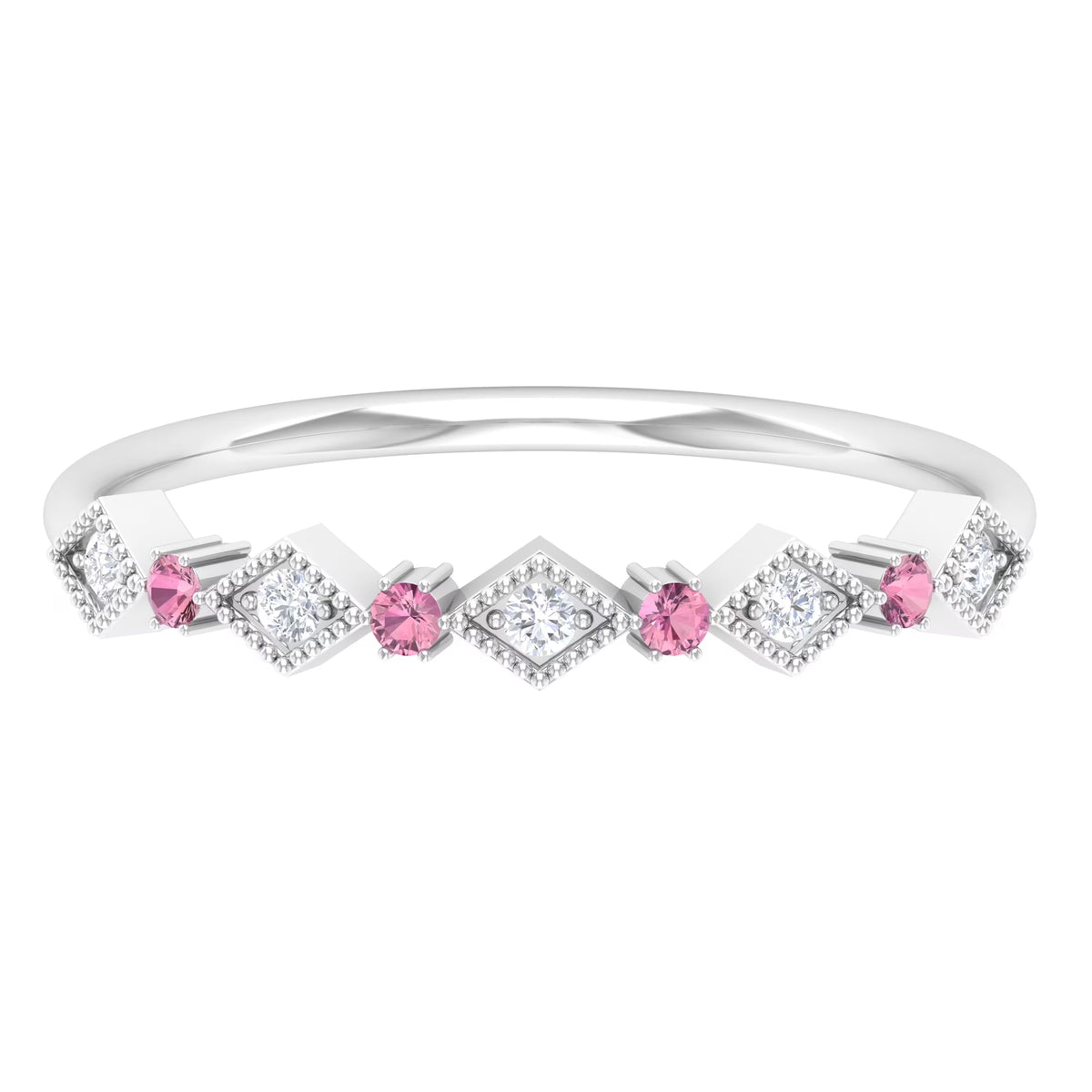 Pink Tourmaline and Diamond Stackable Band Ring, 925 Sterling Silver, US 4.00 G8599
