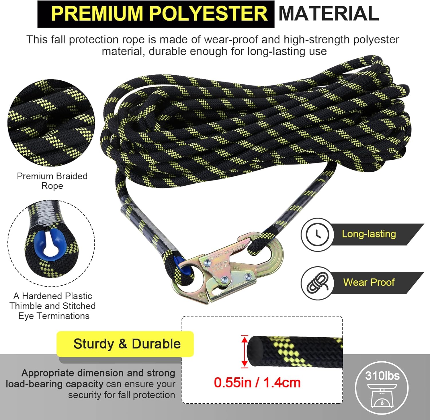 25 ft Rope Assembly with Rope Grab Snap Hooks Shock Absorber CE Standard Fall Protection Rope Kits Pack of 2 M233