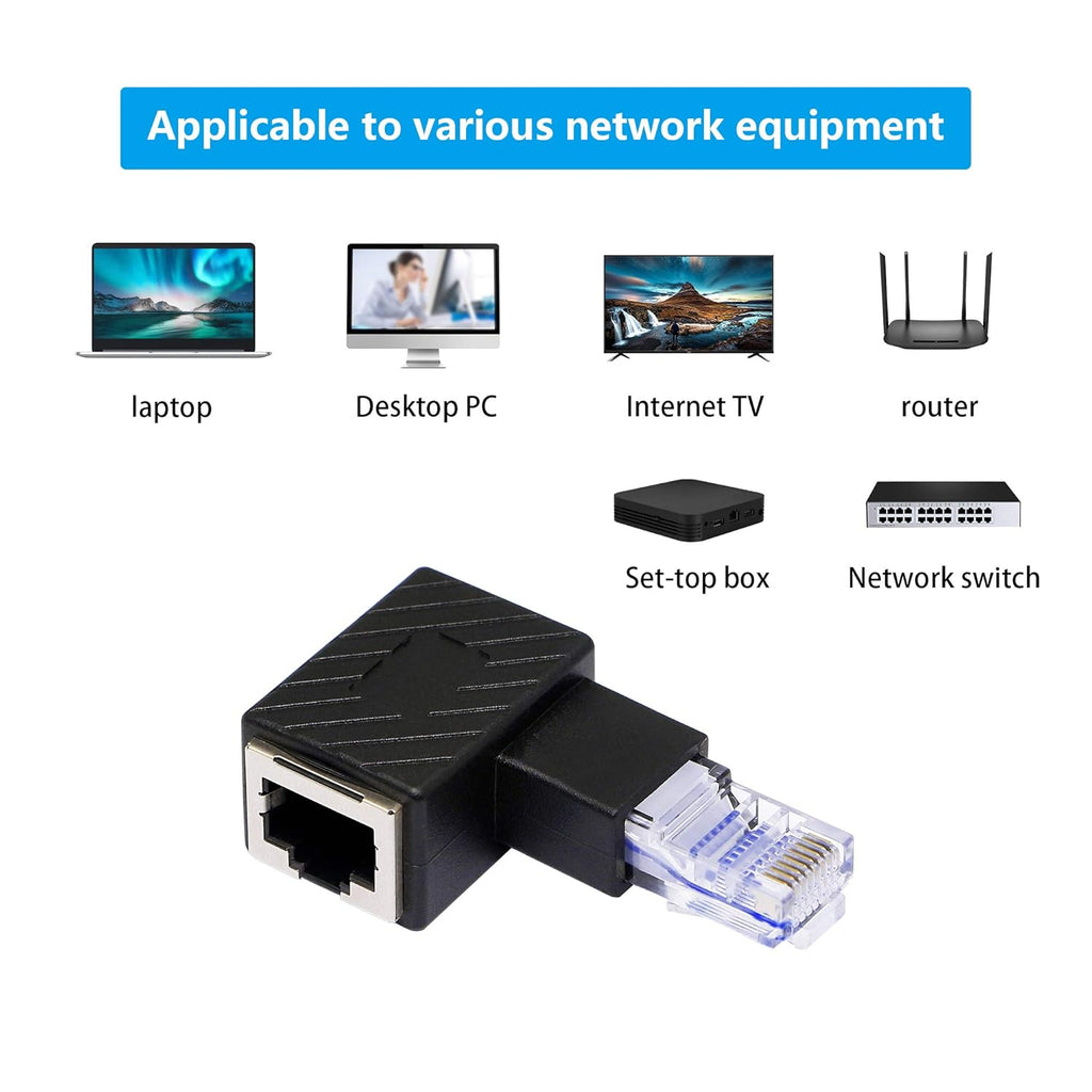 Right Angle Ethernet Adapter, 90 Degree RJ45 Male to Female Extension Cat6 LAN Network Connector, 2-Pack Black L8713