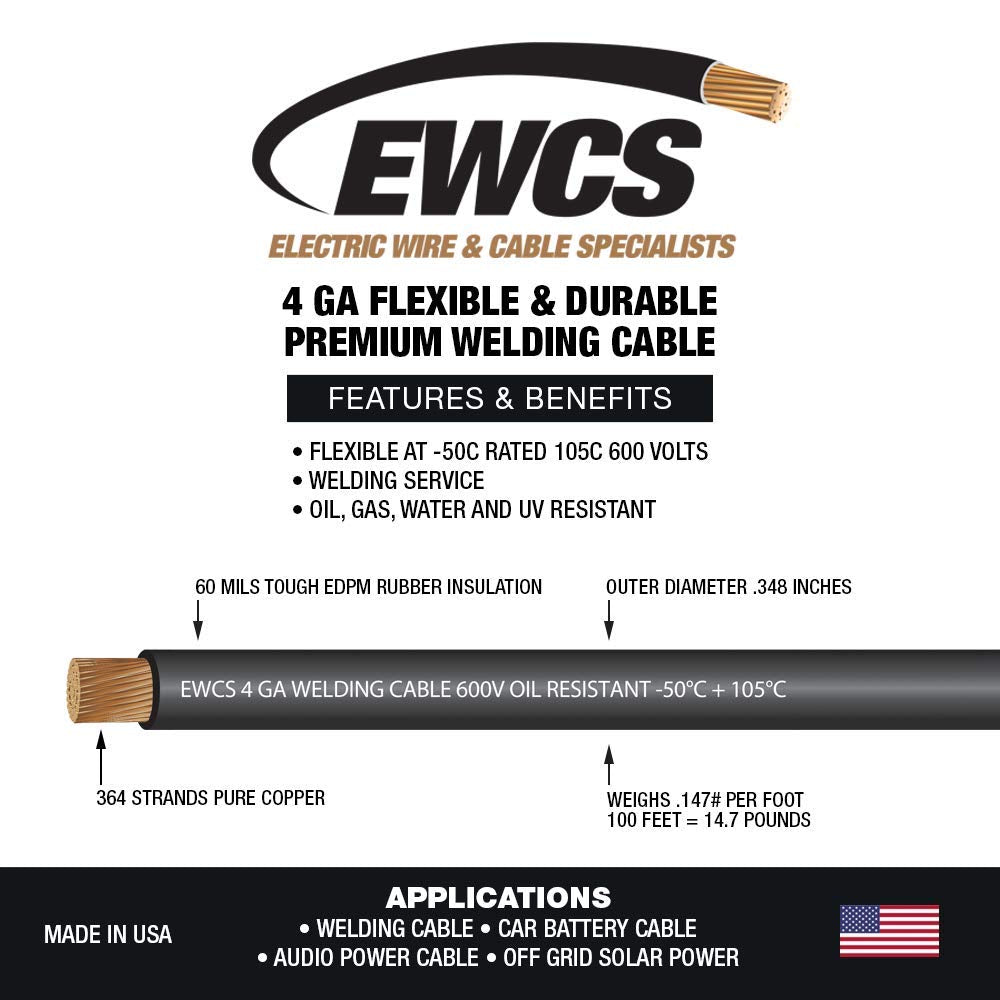 4 Gauge Extra Flexible Welding Cable 600 Volt Black 100 Feet N3062