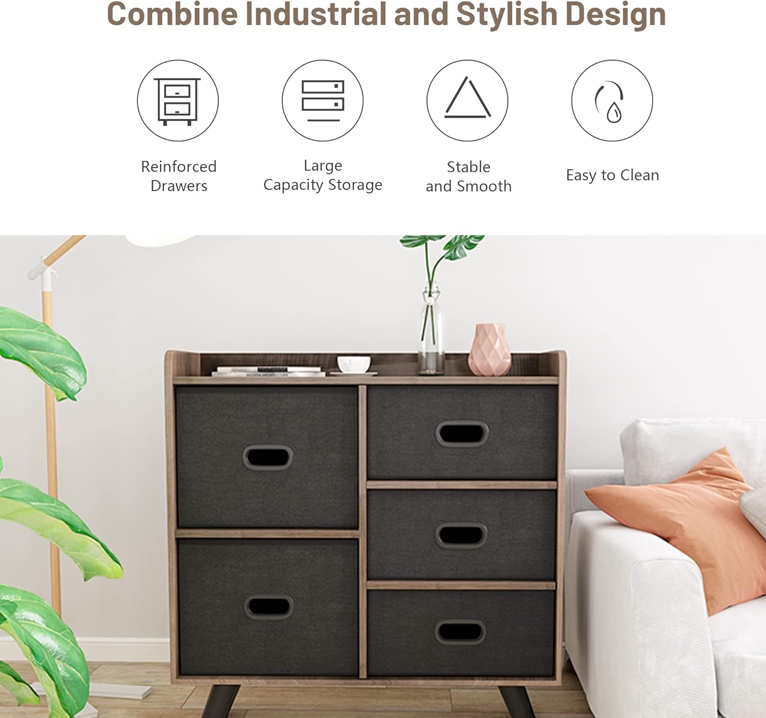 5 Drawers Wood Frame Storage Dresser with Removable Fabric Drawers R35157