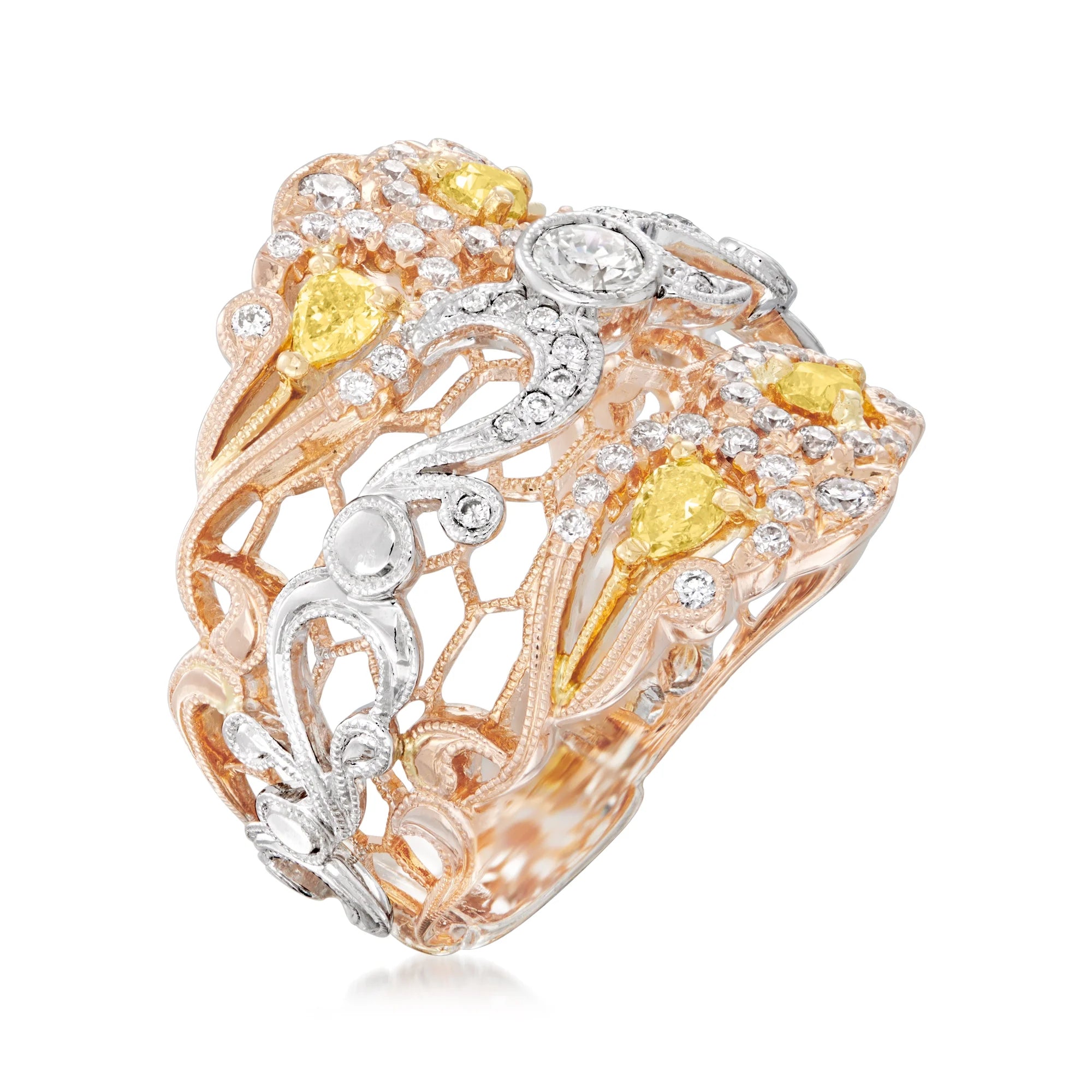 18kt 2-Tone Gold White and Yellow Diamond Honeycomb Ring T3757