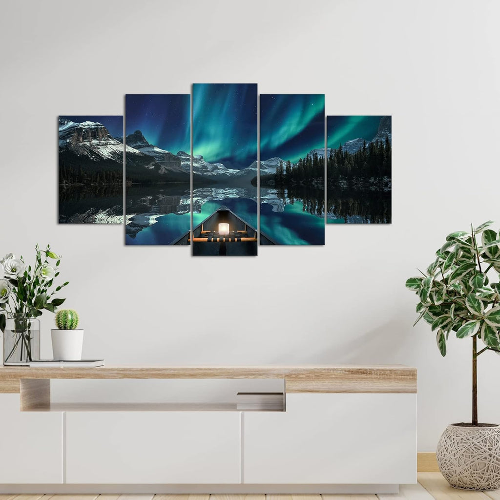 5 Panels Aurora Borealis Canvas Wall Art Stretched and Framed N43600