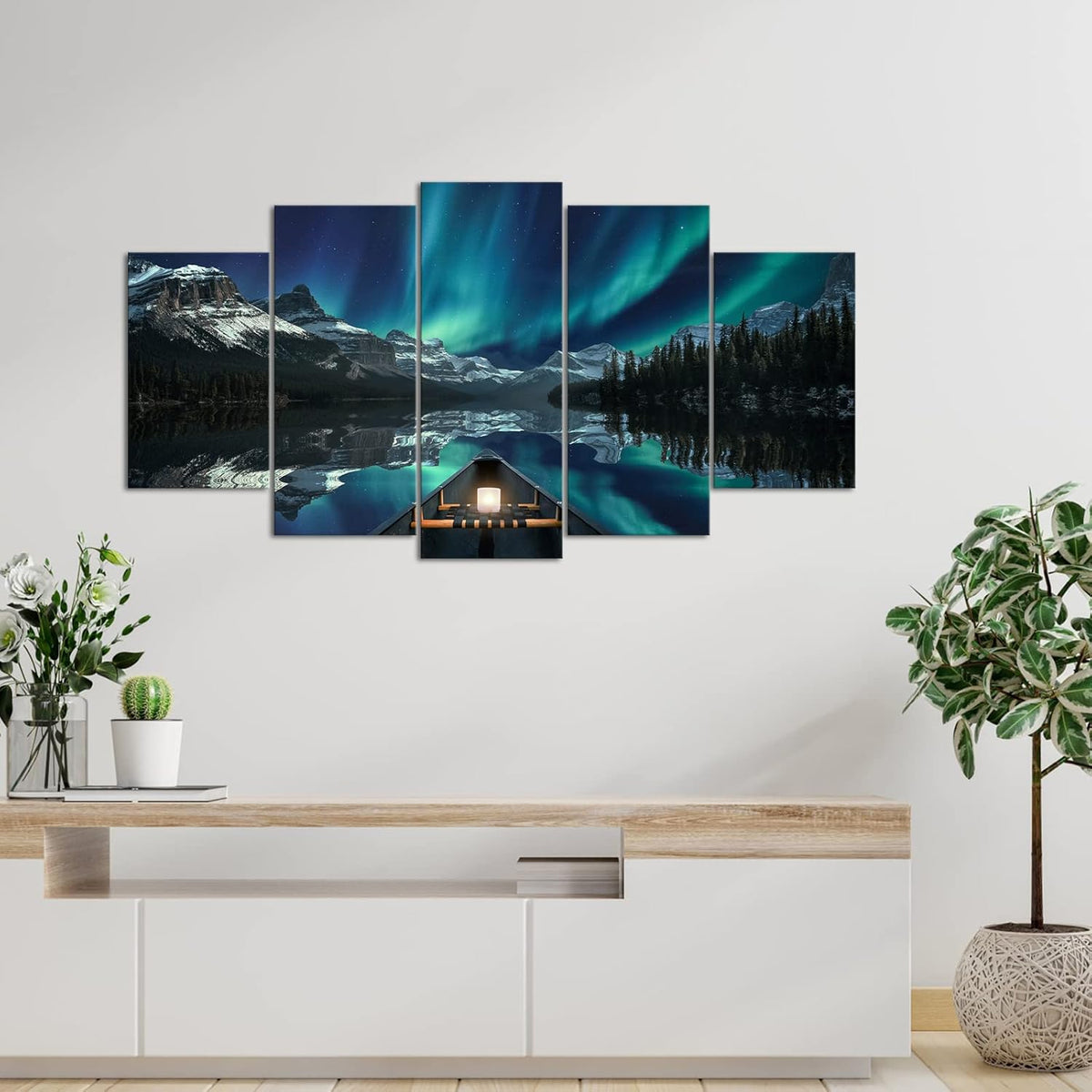 5 Panels Aurora Borealis Canvas Wall Art Stretched and Framed N43600