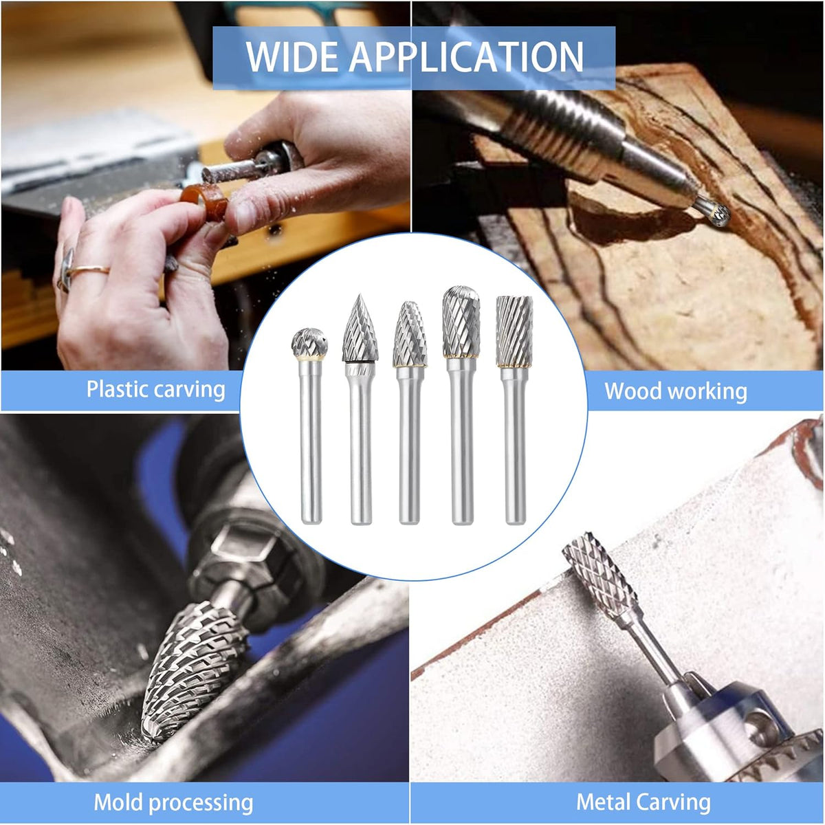 Double Cut Carbide Burr Set, 1/4 Inch Shank, 10MM Head, Solid Carbide Rotary Burr File Set, Pack of 2 S982