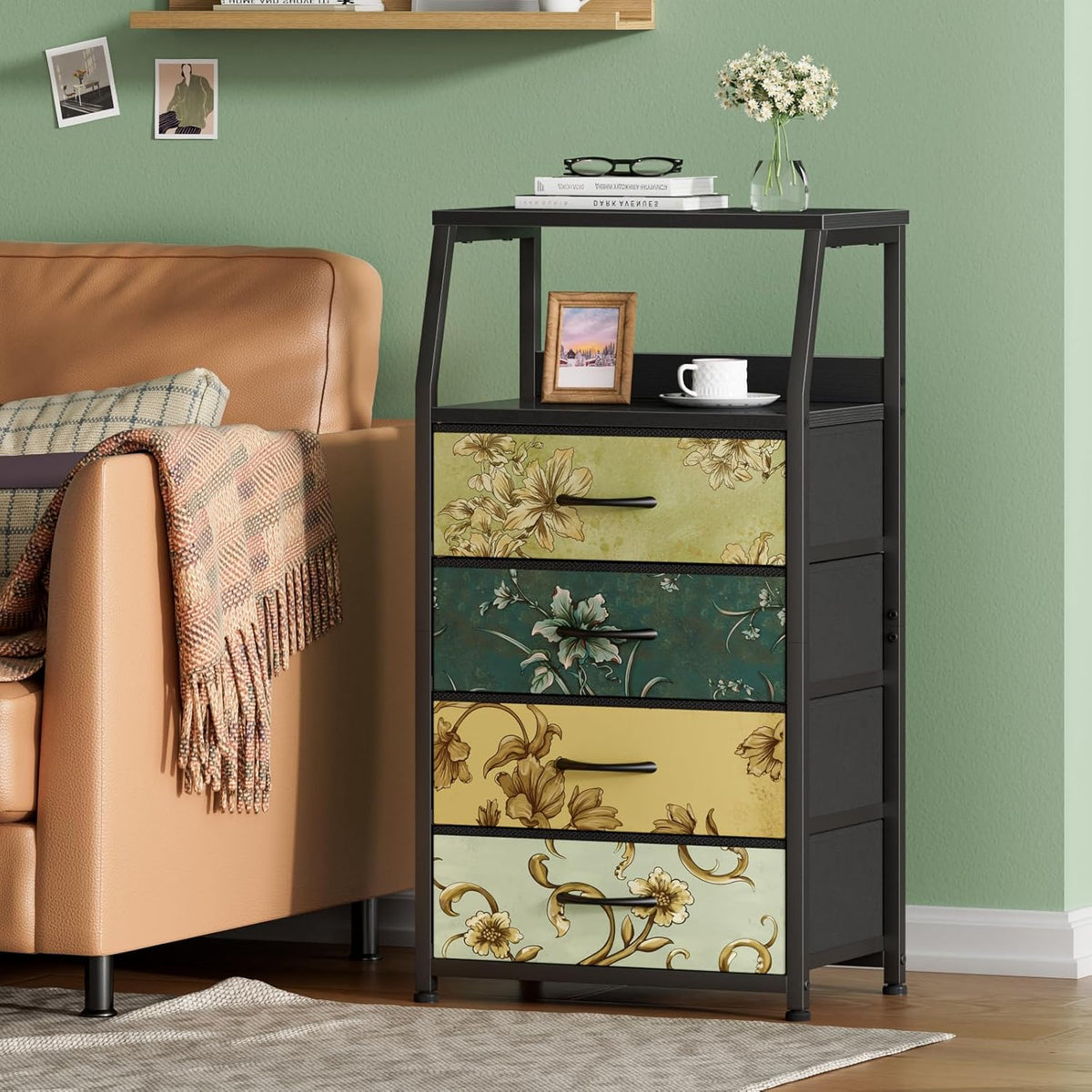Nightstand with 4 Storage Drawer, Tall Dresser, Led Light, Charging Station, Metal Frame, Wood Shelf X7170