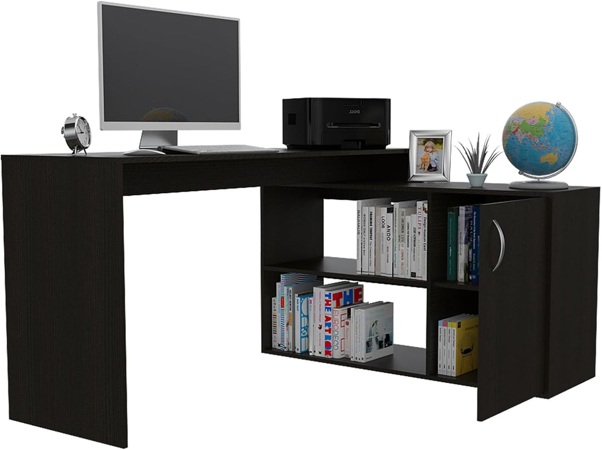 Black L Shaped Computer Desk with Drawers and Storage Cabinet Shelves, 55 Inch Z3053