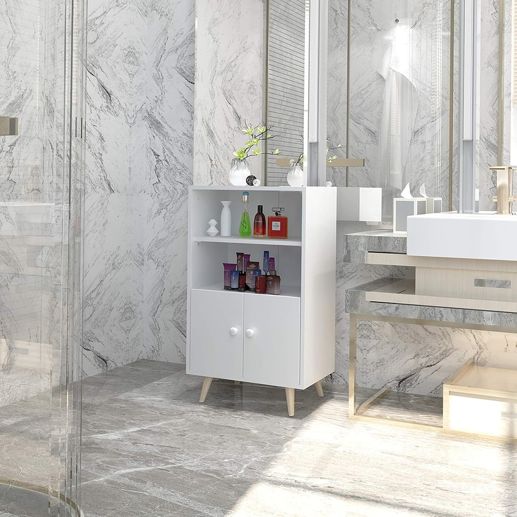 Ivory White Freestanding Bathroom Cabinet with 2 Doors and 2 Open Shelves Q710