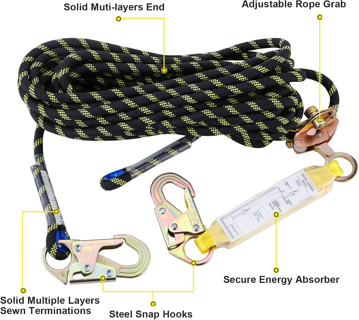 25 ft Rope Assembly with Rope Grab Snap Hooks Shock Absorber CE Standard Fall Protection Rope Kits Pack of 2 M233