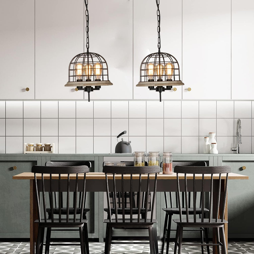 Round Rustic Chandelier Light Fixture, 3-Light Metal Wood Globe Cage Shade Y645