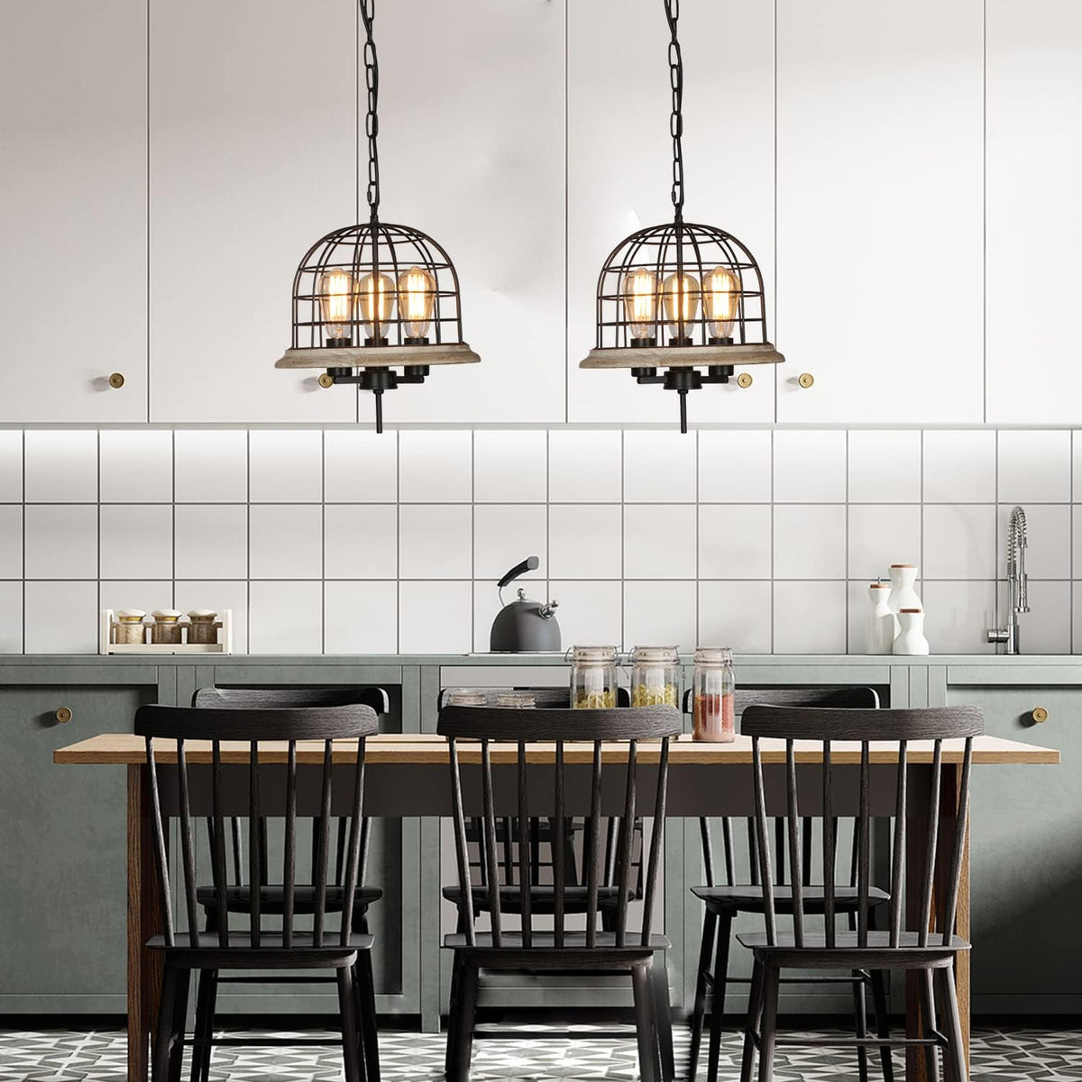 Round Rustic Chandelier Light Fixture, 3-Light Metal Wood Globe Cage Shade Y645
