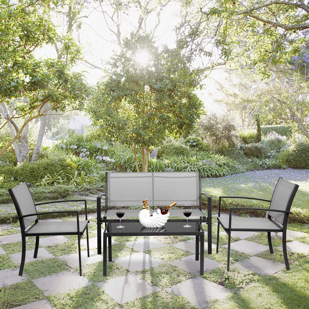 4 Pieces Patio Conversation Set with Loveseat and Coffee Table (Grey) S409
