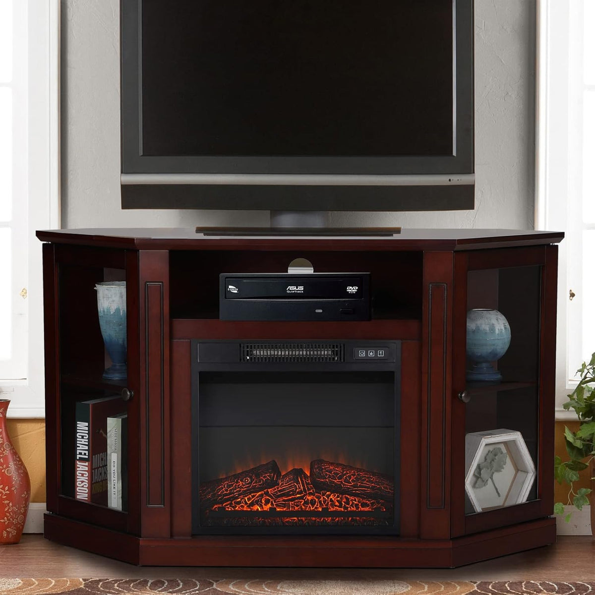 Fireplace TV Stand with Insert Fireplace, Brown Red R111