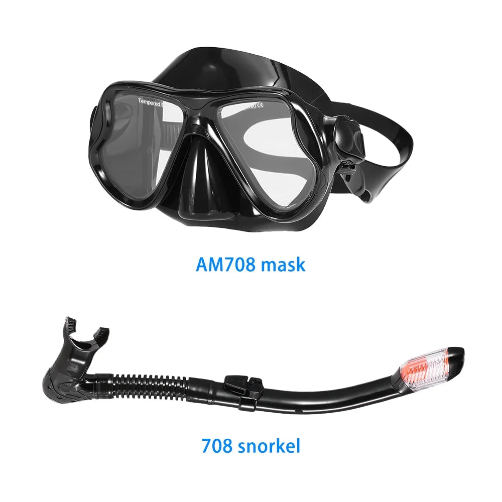 Freediving Snorkel Set with Tempered Glass Lens Goggles X421