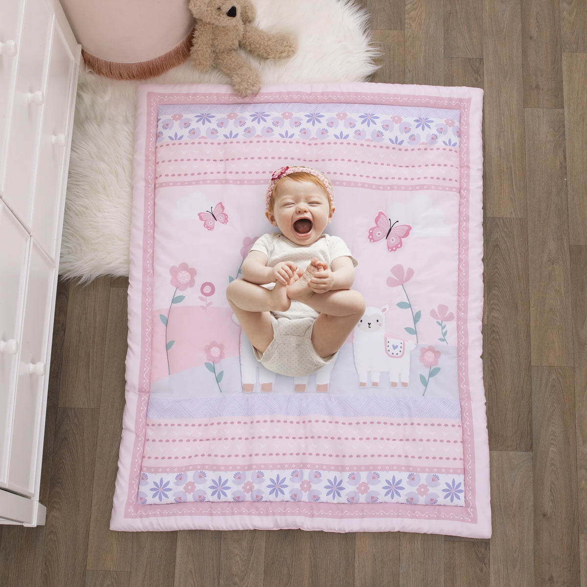 3PC Crib Bedding Set, Pink and Purple, Includes comforter, fitted sheet and dust ruffle A832