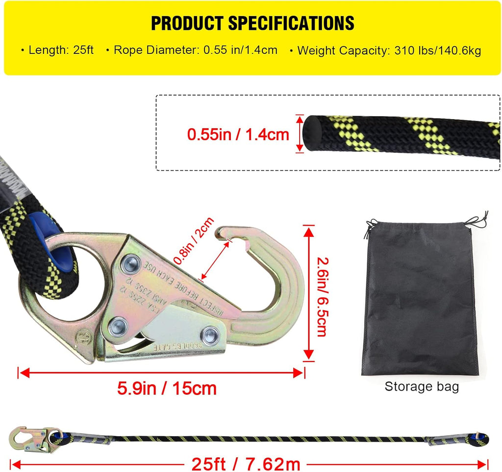 25 ft Rope Assembly with Rope Grab Snap Hooks Shock Absorber CE Standard Fall Protection Rope Kits Pack of 2 M233