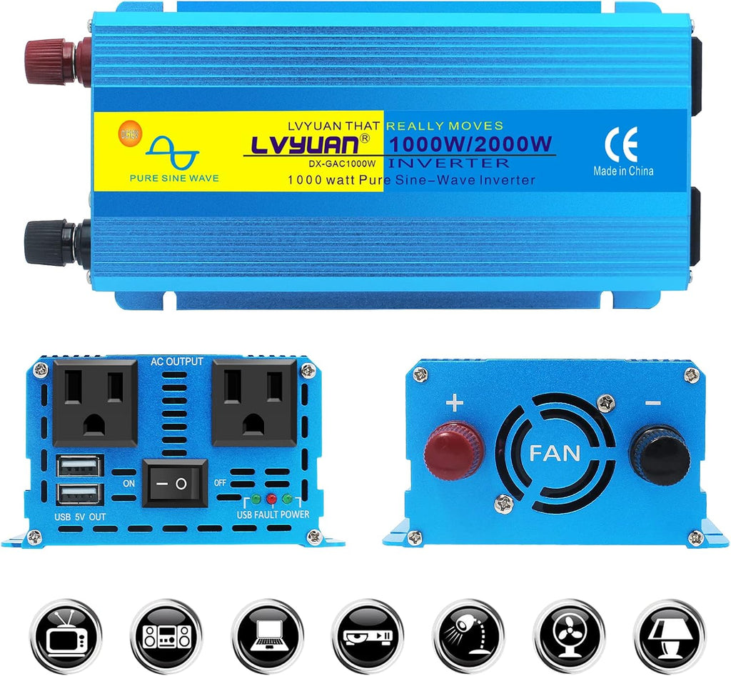 500W Pure Sine Wave Power Inverter DC 12V to 110V/120V AC Dual USB Charging Ports 2 AC Outlets Cigarette Lighter Plug Pack of 2 Z1000