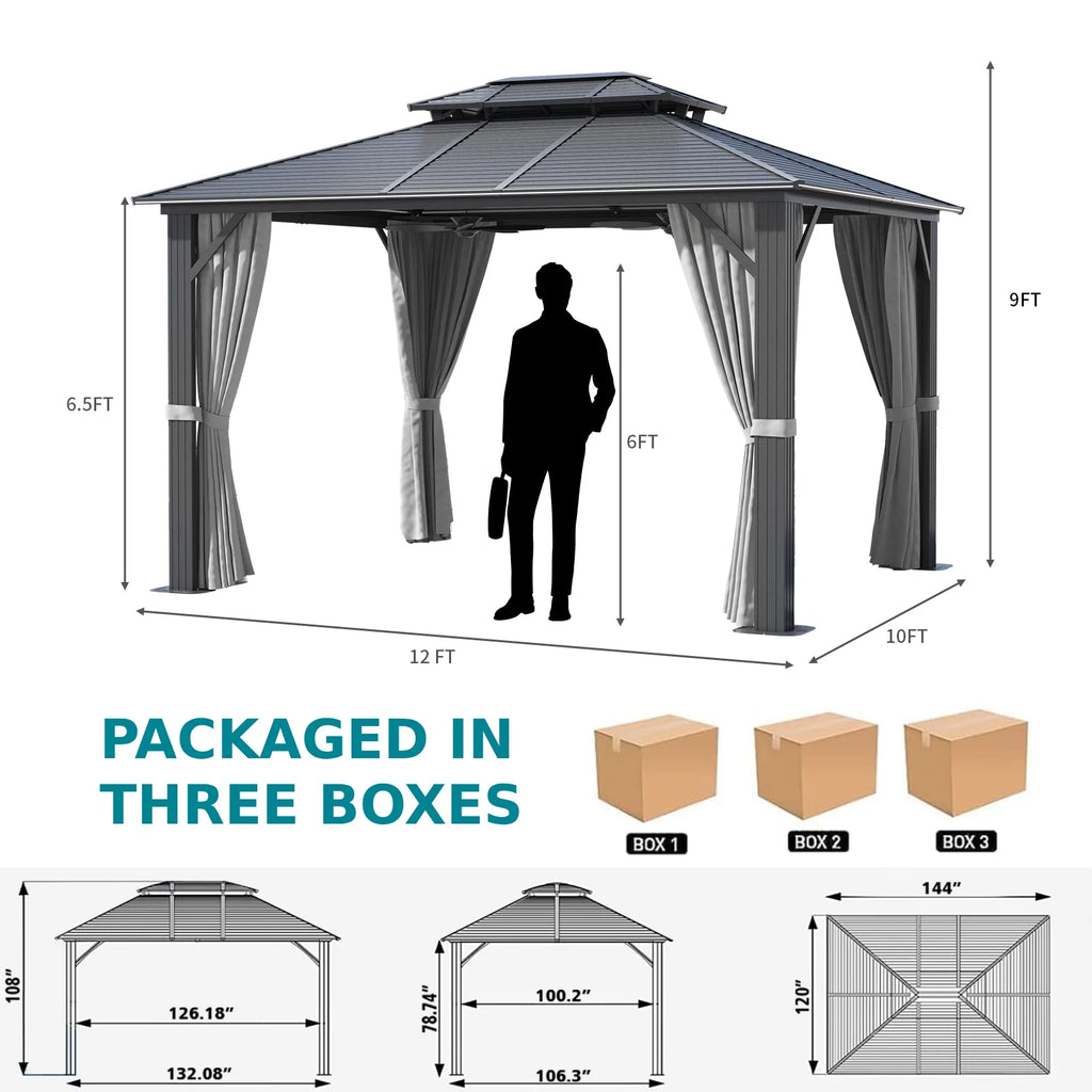 10 ft. x 12 ft. Outdoor Hardtop Gazebo with Curtain and Netting, Gray Q735899