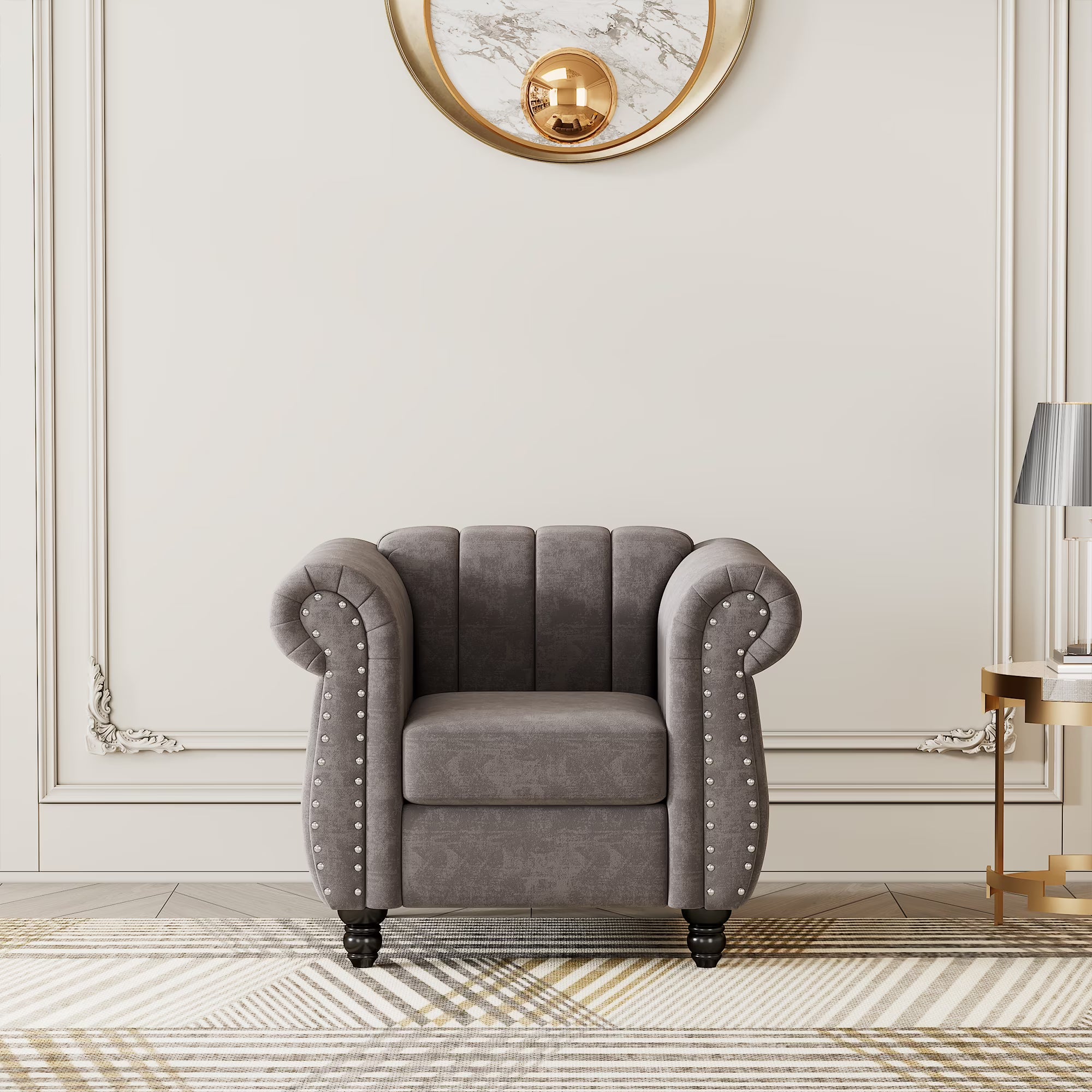 Gray Buttoned Tufted Sofa with Solid Wood Legs S17619