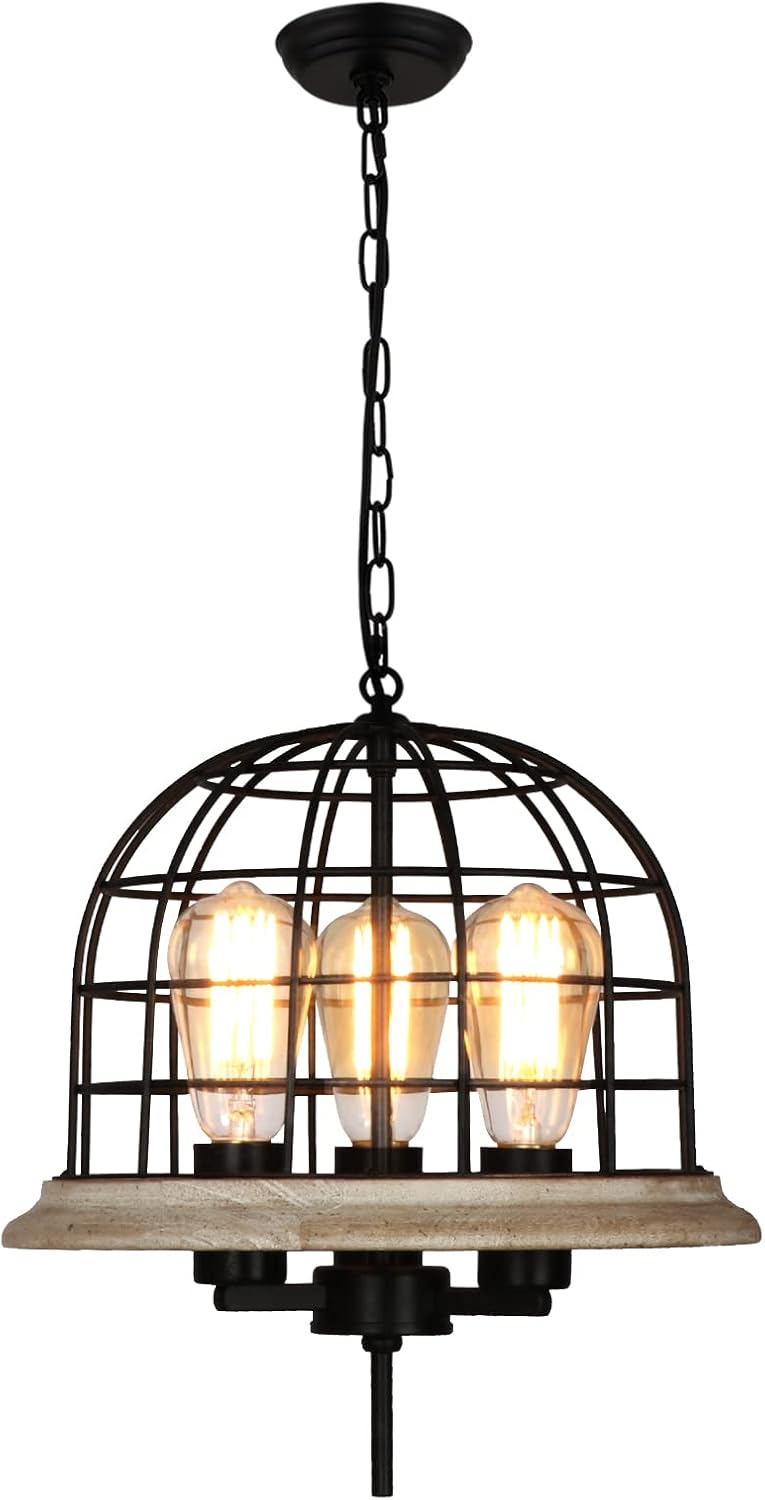 Round Rustic Chandelier Light Fixture, 3-Light Metal Wood Globe Cage Shade Y645
