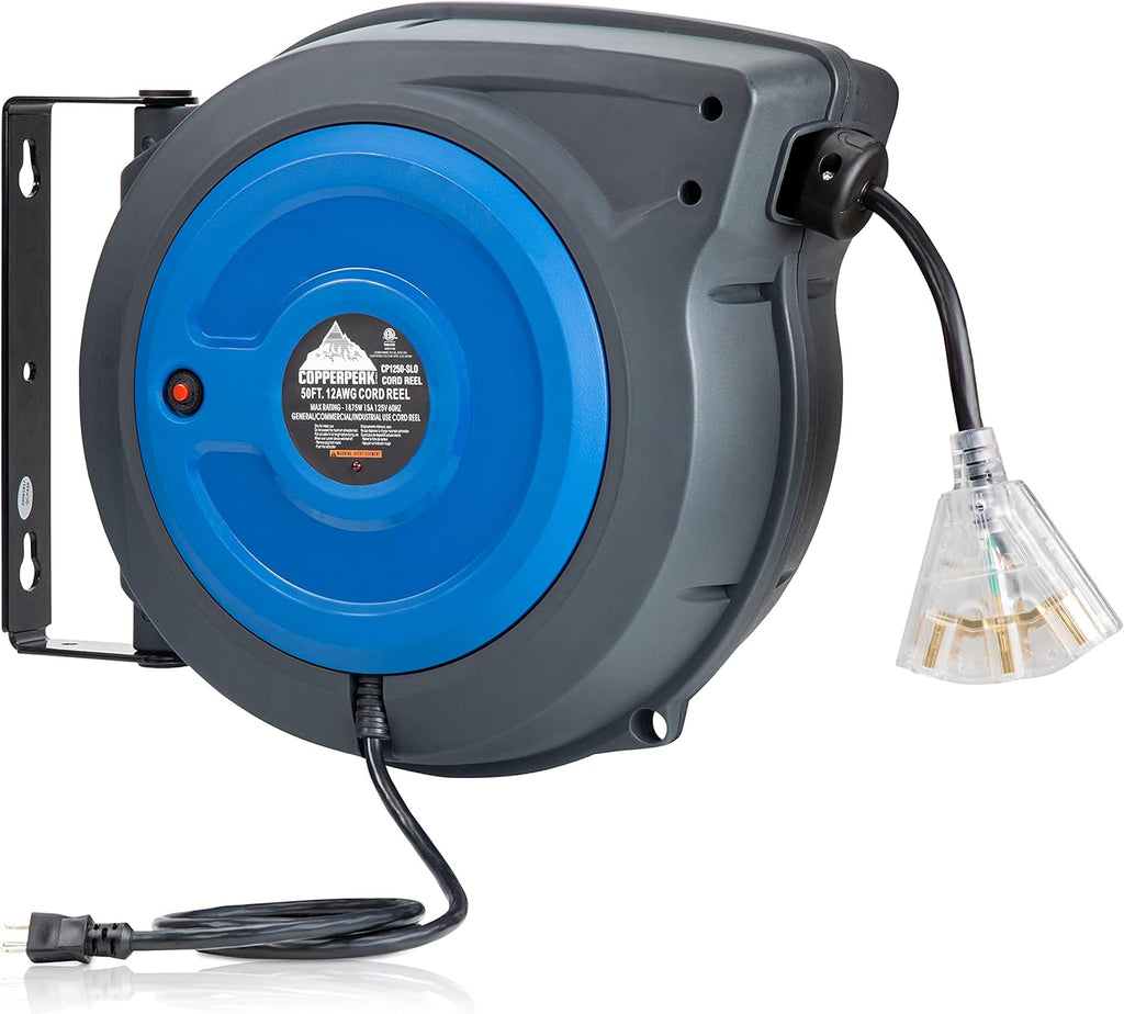 50 ft Retractable Extension Cord Reel, 12 Gauge, Blue and Grey W8800