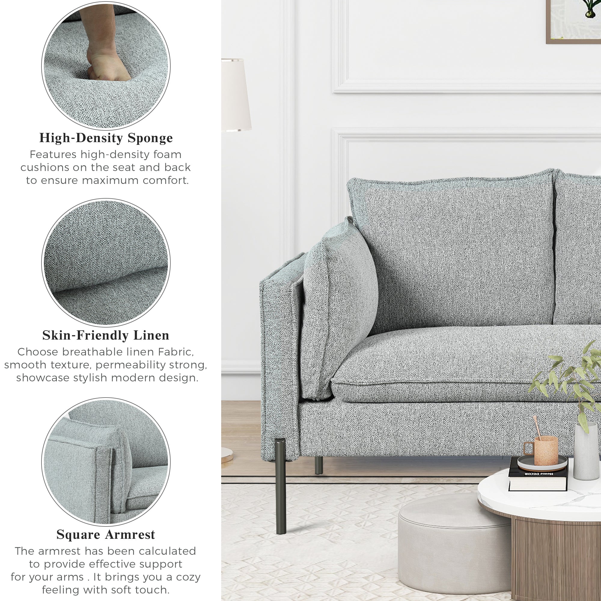 2 Piece Linen Fabric Upholstered Loveseat and 3 Seat Couch Set M2505
