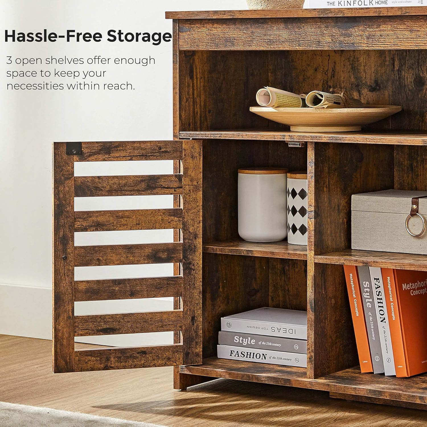 Rustic Brown Buffet Cabinet with Open Shelves and Louvered Doors C39445