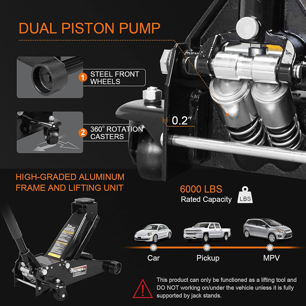 3 Ton Hydraulic Steel Floor Jack with Dual Piston Quick Lift Pump N4349