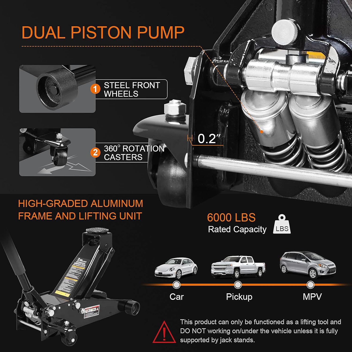 3 Ton Hydraulic Steel Floor Jack with Dual Piston Quick Lift Pump N4349