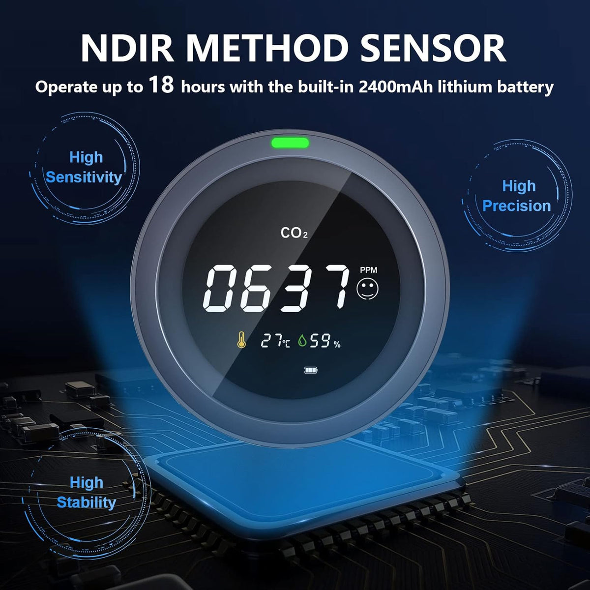 CO2 Monitor Temperature and Relative Humidity Meter, NDIR Sensor, 0~5000ppm, Pack of 2 A809
