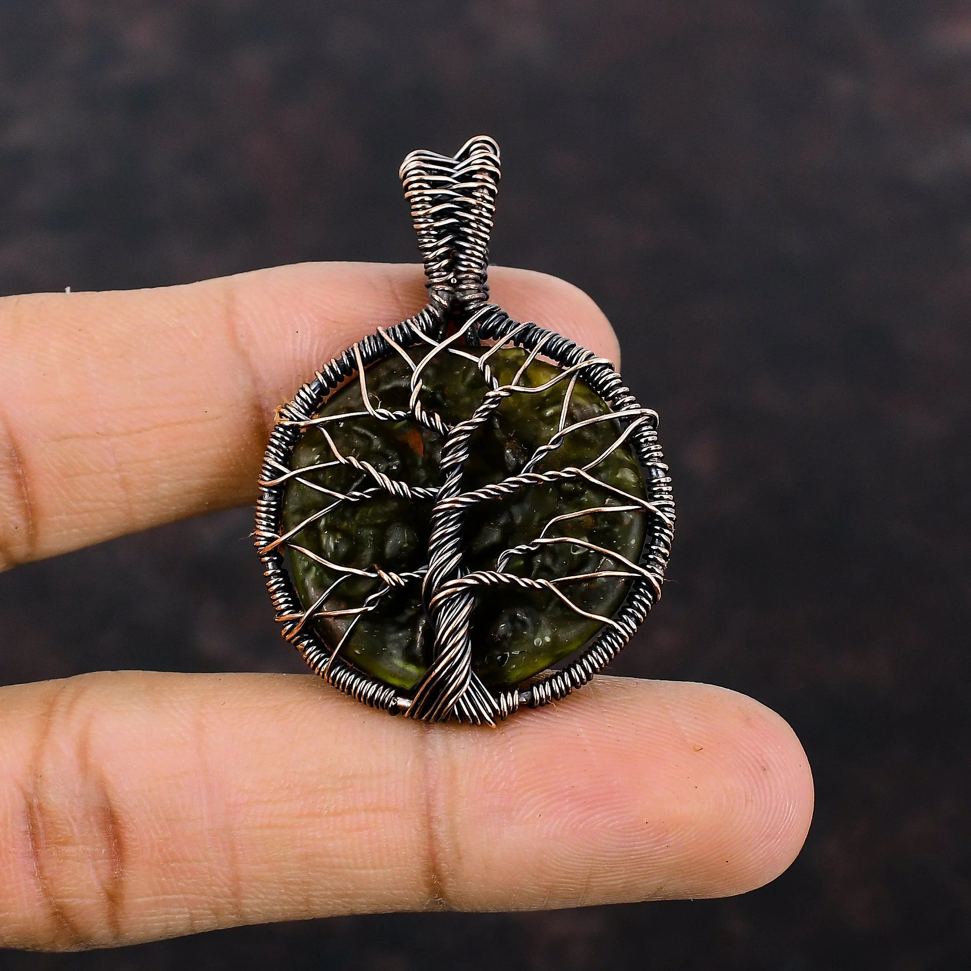 Copper Wire Wrapped Moldavite Pendant R4736