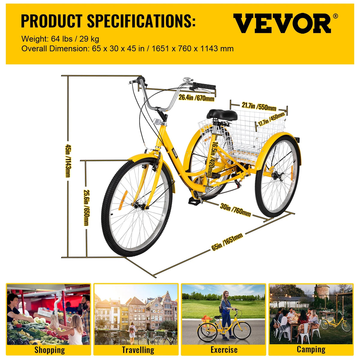 Adult Tricycle 7 Speed 26in Adjustable Trike with Bell, Brake System Basket B236634