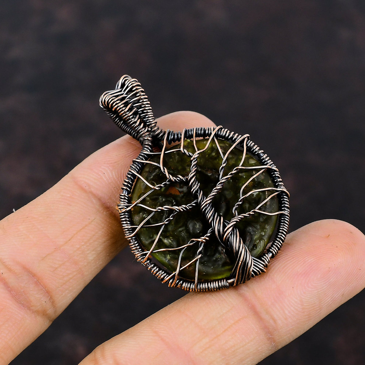 Copper Wire Wrapped Moldavite Pendant R4736