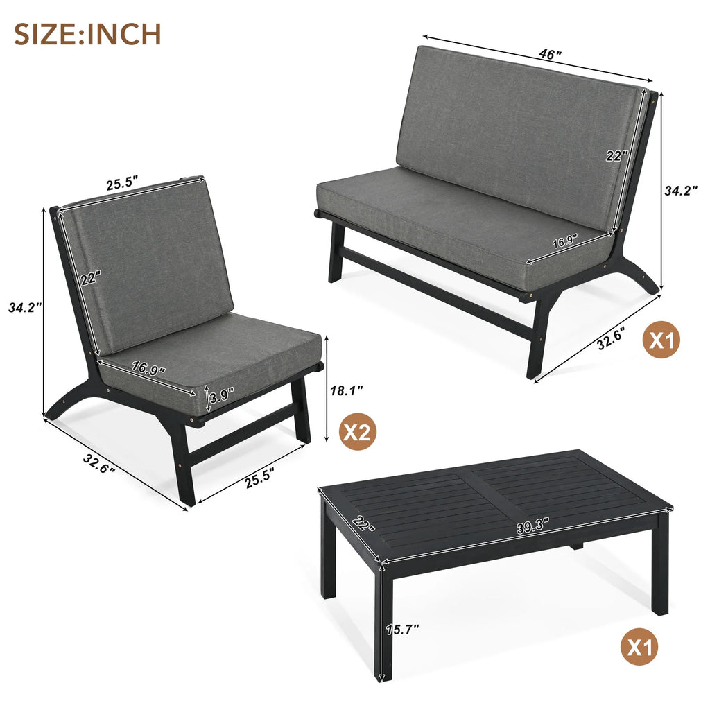 4 Pieces Acacia Solid Wood Outdoor Sofa Set with Coffee Table and Cushions F988524