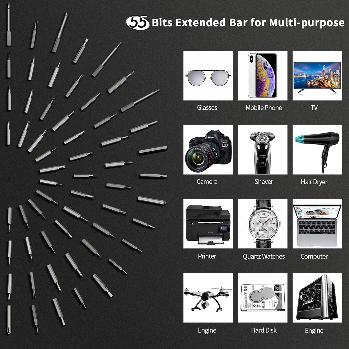 Mini Electric Screwdriver Set with 55 Precision Bits & LED Light V523