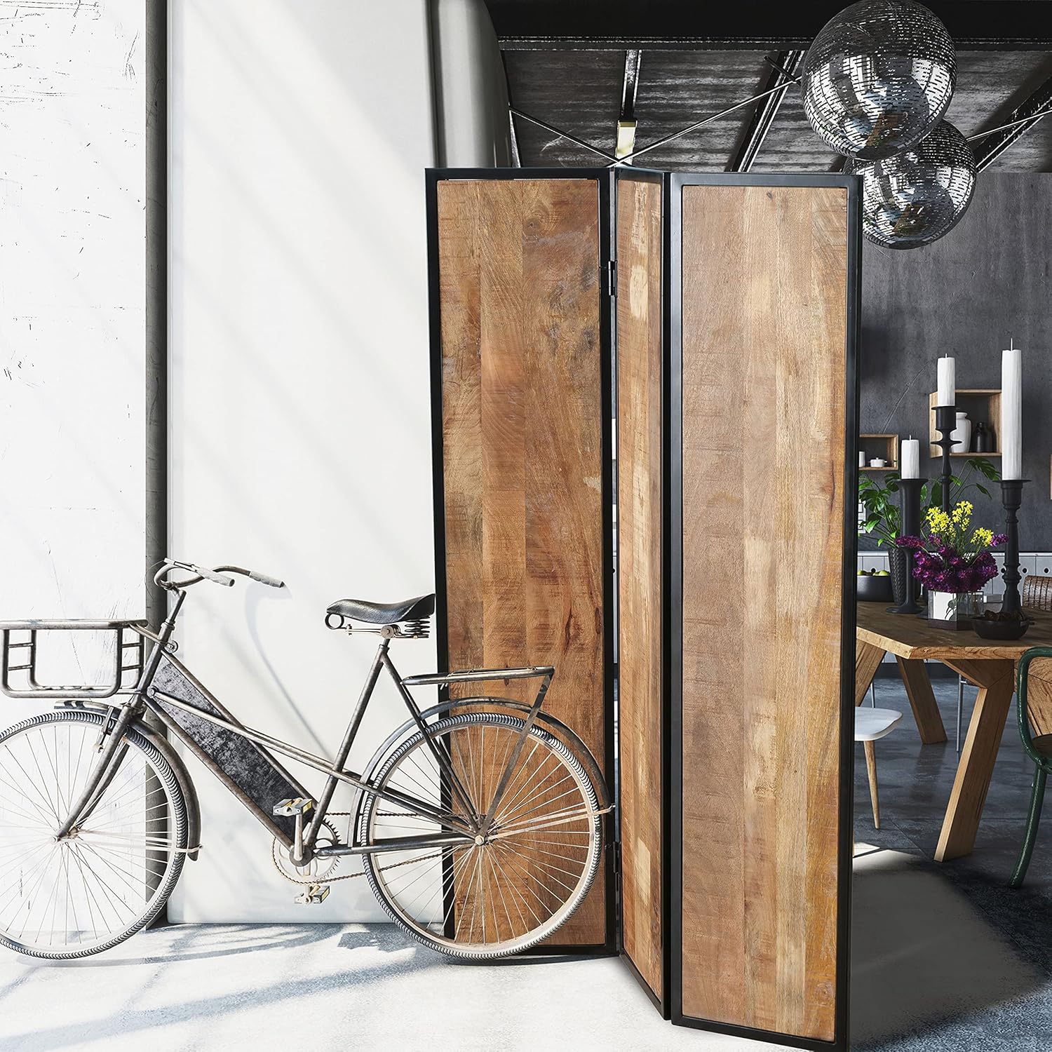 Iron Framed Mango Wood 3 Panel Room Divider B56280