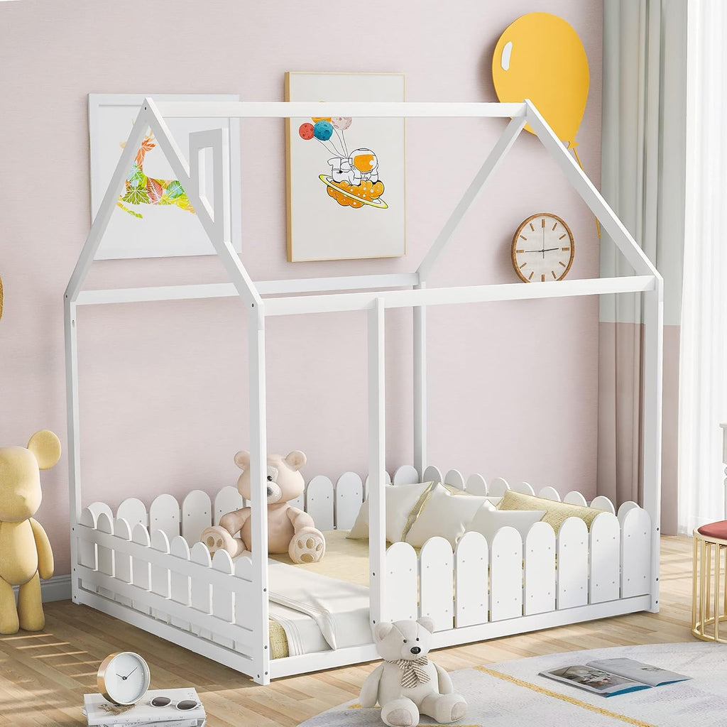 White Wood Twin House Shaped Floor Bed X6104