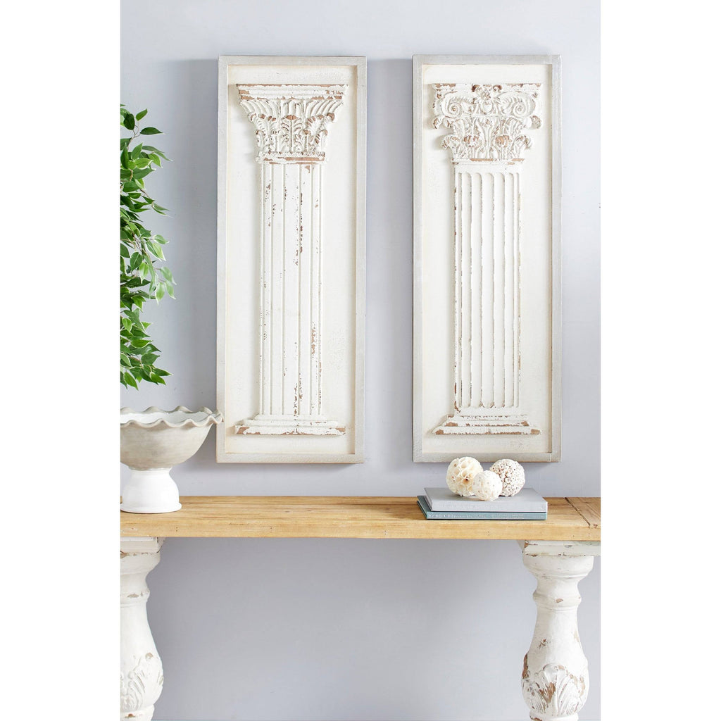 Large Rectangular Distressed Antique White Wood Wall Decor with Carved Greek Columns, Set of 2 A2374