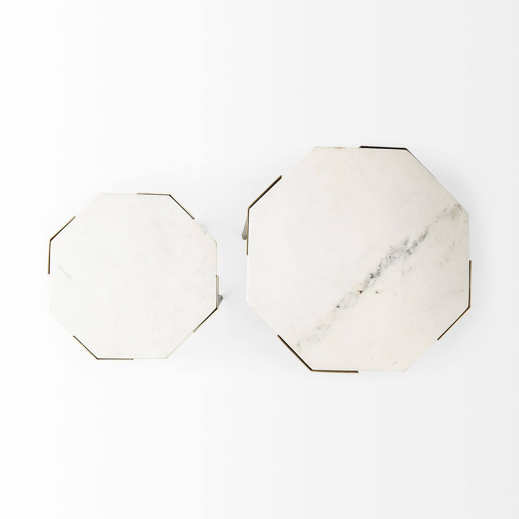 Set of Two White Marble and Iron Hexagonal End Tables R9613