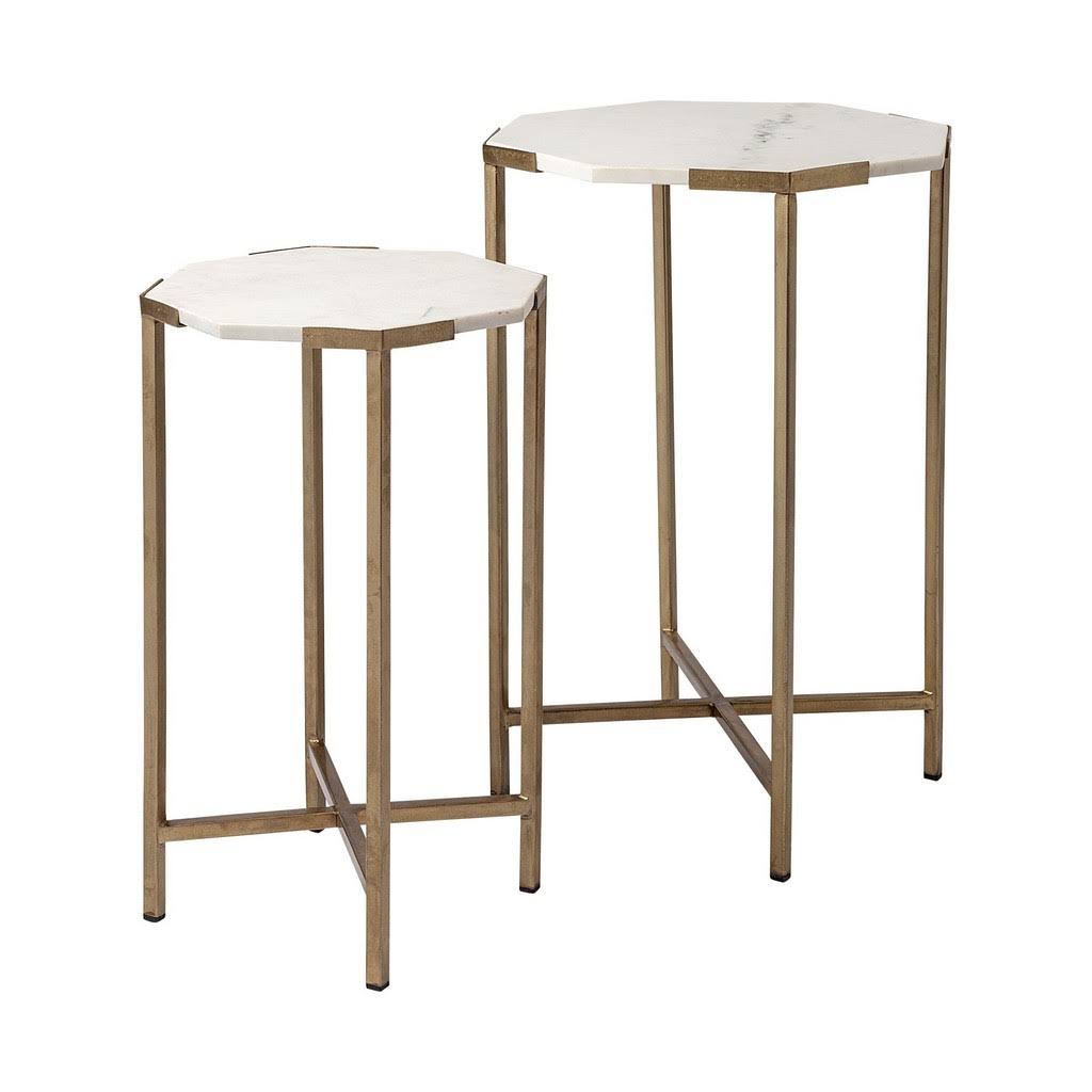 Set of Two White Marble and Iron Hexagonal End Tables R9613