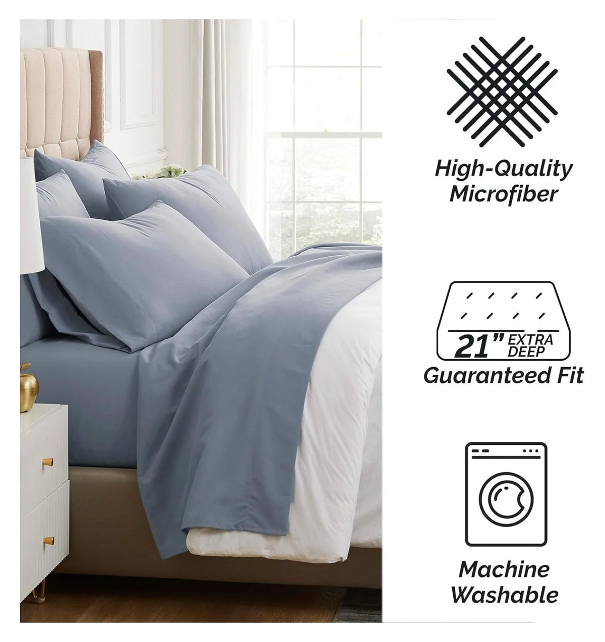 6-Piece King Microfiber Sheet Set with 21" Deep Fitted Sheet, Slate Blue J8701