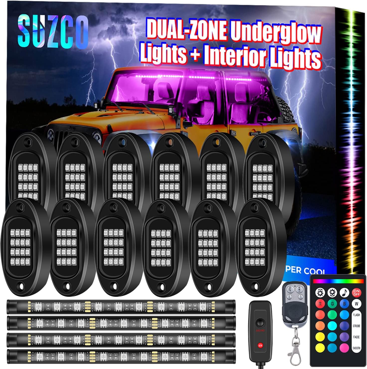 12-pods LED RGB Neon Underglow Rock Lights Kit with 4-Pcs Interior Light Kit, 192LEDs Waterproof 12V Y1533