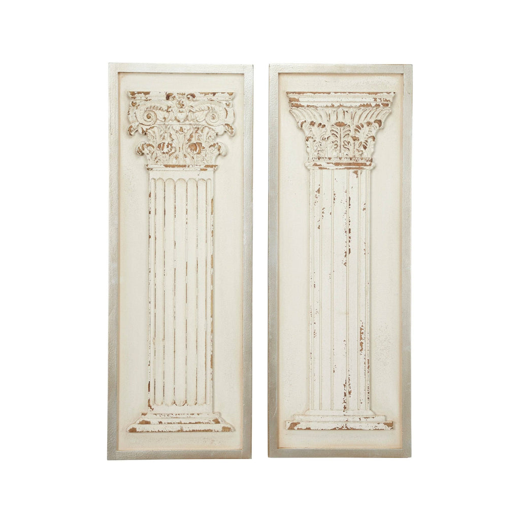 Large Rectangular Distressed Antique White Wood Wall Decor with Carved Greek Columns, Set of 2 A2374