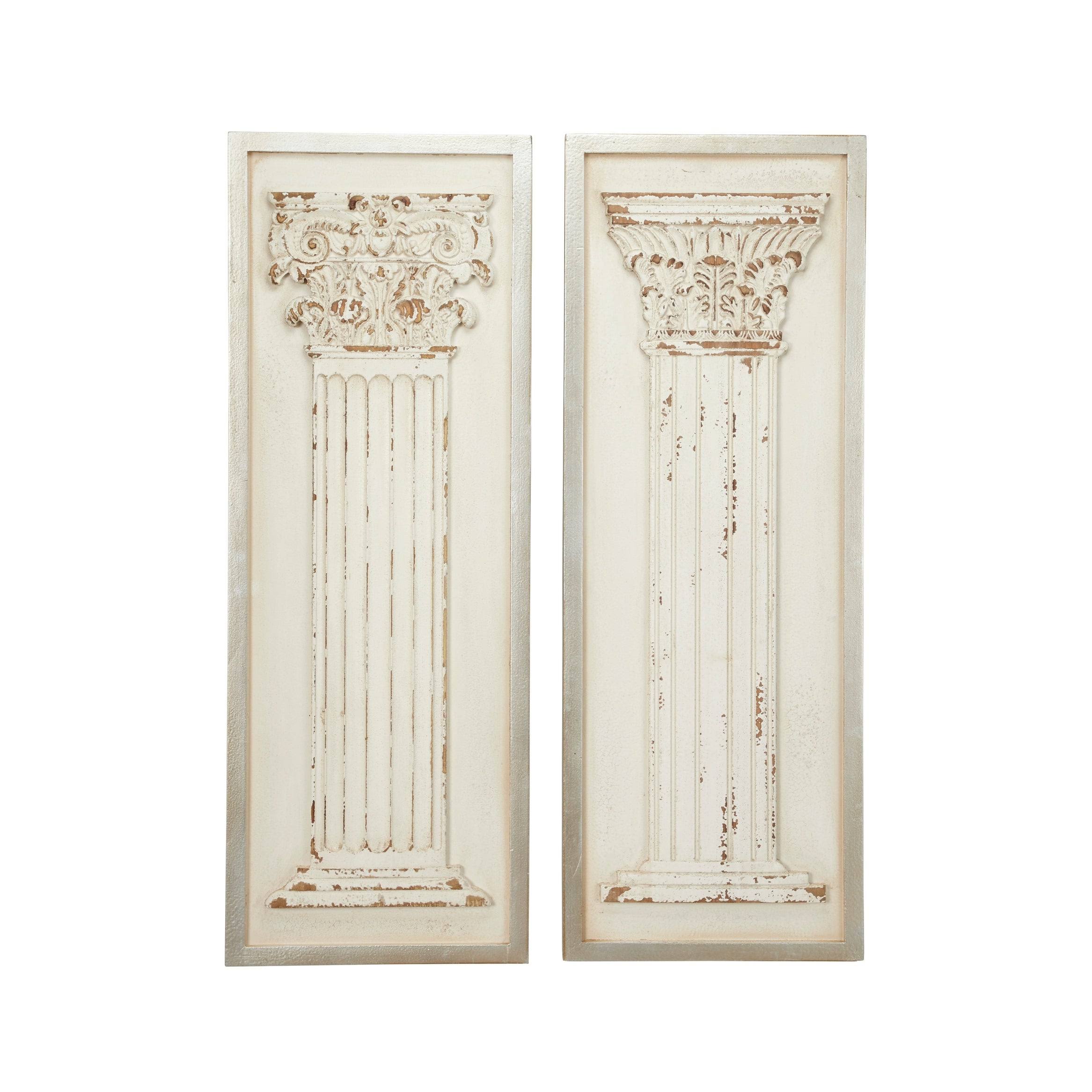 Large Rectangular Distressed Antique White Wood Wall Decor with Carved Greek Columns, Set of 2 A2374