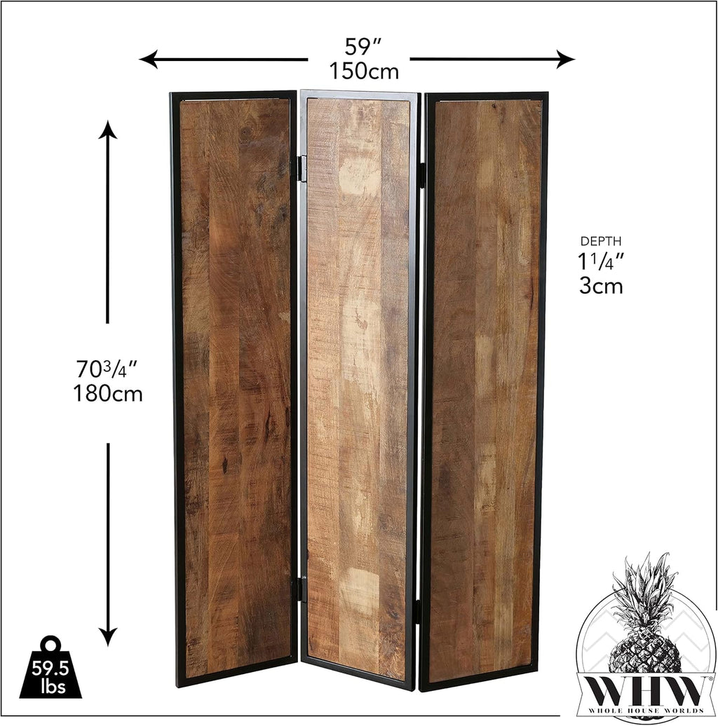 Iron Framed Mango Wood 3 Panel Room Divider B56280