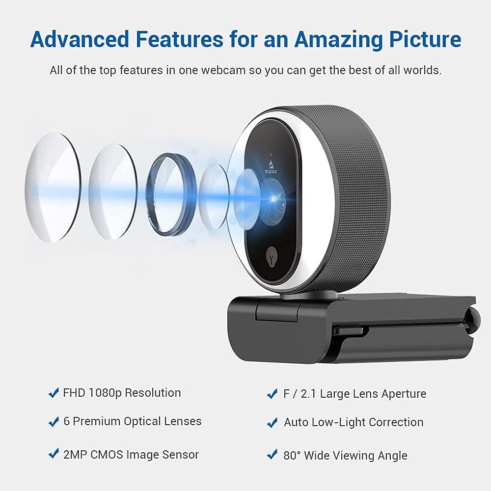 1080P Webcam with Ring Light, Privacy Cover and Dual Microphone L337