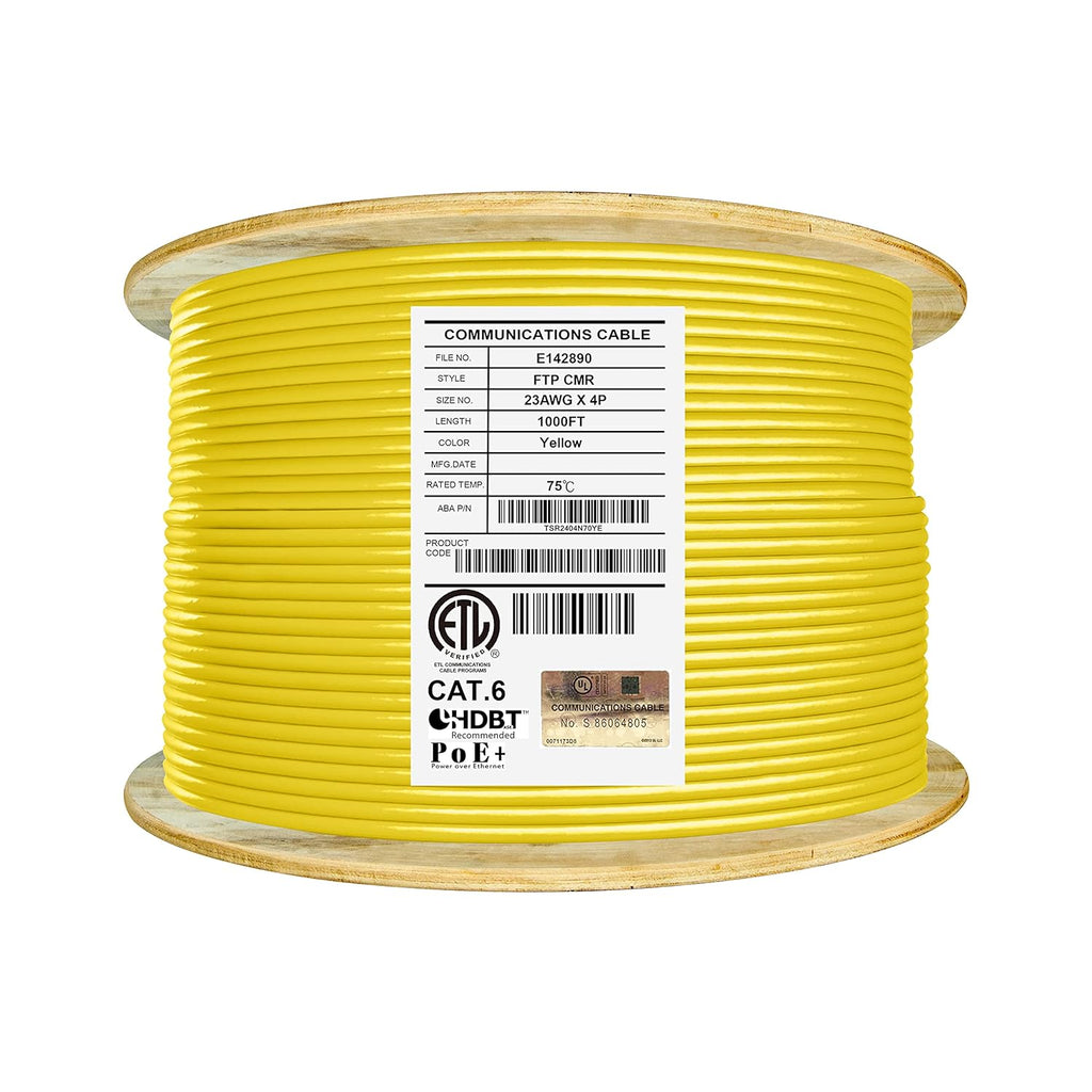 Cat6 Shielded Riser 1000ft F/UTP 23AWG Solid Bare Copper Bulk Ethernet Cable Reel Yellow F211