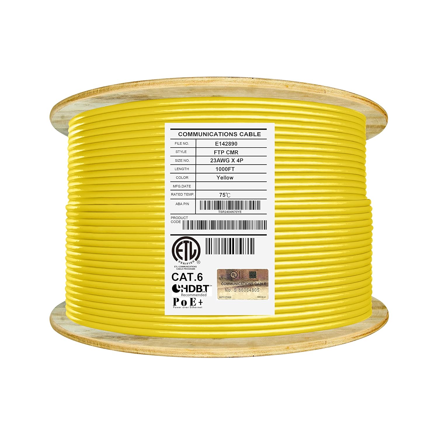 Cat6 Shielded Riser 1000ft F/UTP 23AWG Solid Bare Copper Bulk Ethernet Cable Reel Yellow F211
